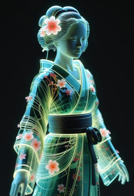 <lora:World_of_Glass_Filament:0.6> made of, tiny neon (glass:1.1) filaments, w0gf1l, Android, geisha, with robotic parts, in flowery kimono, Intricate details, 8 k, cinematic <lora:sss:0.8> subsurface scattering, sss <lora:envyStarlight_v10:0.8>