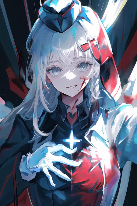 solo,masterpiece, best quality,1girl, bangs, black_gloves, border, braid, closed_mouth, gloves, grey_eyes, hat, long_hair, long_sleeves, looking_at_viewer, nurse, nurse_cap, own_hands_together, smile, solo, upper_body,white hair,blood