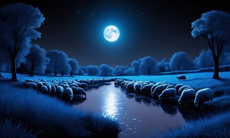 Beautiful detailed digital illustration of a Peaceful riverbank with grazing sheep <lora:NicolaSamori:0.7>, <lora:blacklight_makeup_v2:0.7> blacklight makeup , Ambient occlusion