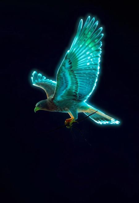 JNANX,luminous white silhouette,cyan glow,emerald highlights,flickering outline,dreamlike movement,rippling colors,drifting embers,infinite black background,psychedelic colors,ethereal,futuristic surrealism,gw,glowing,night,night sky,trippy,
A medium-sized bird of prey with brown and tan plumage, broad wings, and a hooked beak is flying in a clear blue sky while carrying a long, thin branch in its talons.