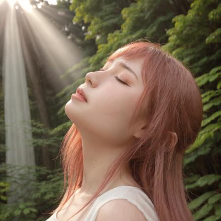 a close-up facial image of mio, (wet,dripping), with long pink hair,(head in frame),standing in a forest during autumn. She is ((looking straight up at the sky,eyes closed, sideview)), (small smile), a serene expression on her face as she enjoys the experience. Leaves are falling gently around her, creating a picturesque scene. She is dressed in casual, comfortable autumn clothing. In the background, the forest is depicted with tall trees, and light rain is falling, adding a touch of freshness to the atmosphere. Sunlight is shining through the trees, casting a beautiful, soft glow. The overall mood of the image is peaceful and magical, capturing the essence of a tranquil autumn day in the forest, raytracing, sunrays, (chromatic abberation, film grain:0.5), (looking at viewer), blurry background,(35mm, F/2.8) Photo Focus, DOF, Aperture, insanely detailed and intricate, character, hypermaximalist, hyper realistic, super detailed, diffused light:0.3, hazy:0.4 <lora:mio:0.7>