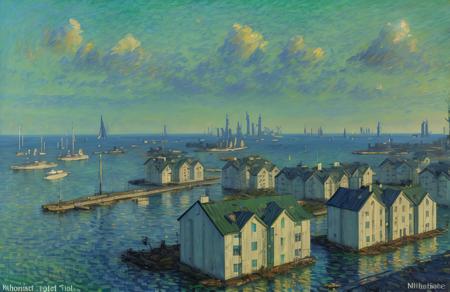 (impressionism:1.15), Archipelago, russian panel houses, (Vincent Di Fate:1), rural, a painting,scene painting,scenery, <lora:russian_panel_houses_v105:1.2>,