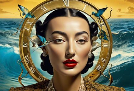 high quality, 8K Ultra HD, 
The entire canvas is imbued with Dal's surrealism, where the concepts of time and space distort and melt, The background features Dal-esque melting clocks and peculiar shapes, gradually transforming into undulating waves resembling the sea, In the center stands a woman, striking a pose reminiscent of Dal's dreamlike female figures. Her attire blends Dal's abstract shapes, surrounded by peculiar creatures reminiscent of Dal's birds and elephants, Her face is smiling mouth and captivating eyes conveying an alluring expression, highly detailed. Salvador Dali style