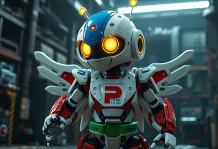 hyper details view, a Cyber Petit Angel robot with white chassis, red limbs, green belt, red 'P' on chest, blue helmet, large yellow illuminated eyes, and antennae. Dynamic action pose, alert, ready, against a gritty Cyber Repair Plant background. Cinematic lighting, intricate mechanical details, matte painting, Octane render, Unreal Engine 5, impeccable composition, creative angle, golden ratio. High detail, 4K, trending on Artstation.