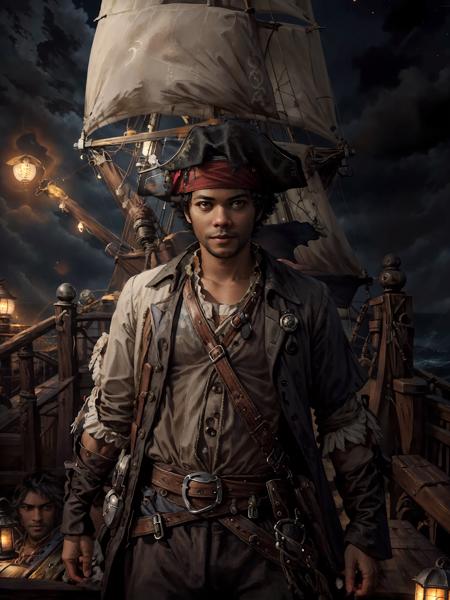 Richard Ayoade, 1 boy, pirate, pirate hat, wind,  on a deck of pirate ship, dark night, moon light, storm,
masterpiece, highly detailed,HDR,8k resolution, best quality, bokeh, field of depth
<lora:epiNoiseoffset_v2:0.7> <lora:Richard-Ayoade-v10:0.7>