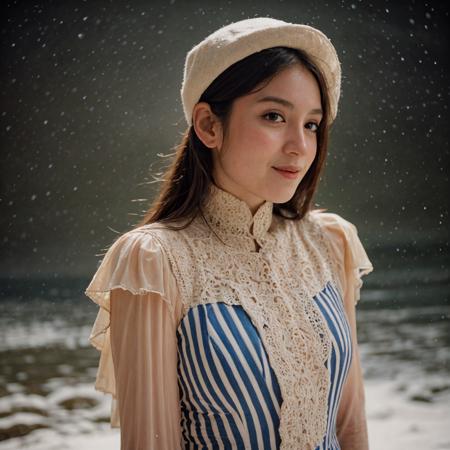 analog film photo solo, realistic, ((indonesian woman)), ((<lora:[ID]_-_Nabilah_Ratna_Ayu_Azalia:1> nabilahayu)), (((Long Hair, Long Layers Hairstyle))), (((smile512))), (((Striped sailor tops))), ((snowy peak, white-capped summit, wintry landscape)), ((dynamic pose)), PA7_Human-Likeness, PA7_Photo, PA7_Portrait-ECU, high detailed, 8k, clear facial features, <lora:PAseer-SD15-LCM Quick:1> <lora:ReaLora:.2> skin <lora:GStyle_-_Photography_Style:.4> gstyle             . faded film, desaturated, 35mm photo, grainy, vignette, vintage, Kodachrome, Lomography, stained, highly detailed, found footage