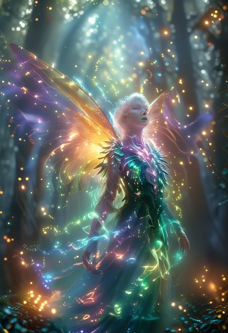 a fairy with iridescent wings flies through an enchanted forest, the leaves of the trees glow with a green aura, cinematic