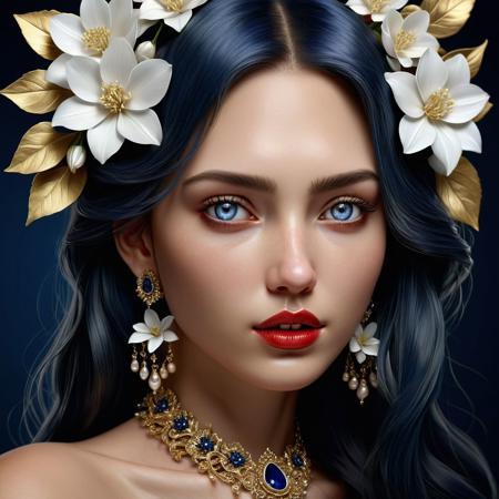 Ultra realistic head and shoulder color pencil drawn portrait of a beautiful 20yo black haired female with white flowers in her hair, large intricate  golden earrings and a detailed and intricate golden necklace. (looking at viewer), (beautiful blue-gray eyes), (ruby red lipstick),
BREAK
Deep dark intense (midnight blue hazy background:1.6),
dynamic lighting, (soft shadows), (soft focus),  (photo realistic), uhd, 8k