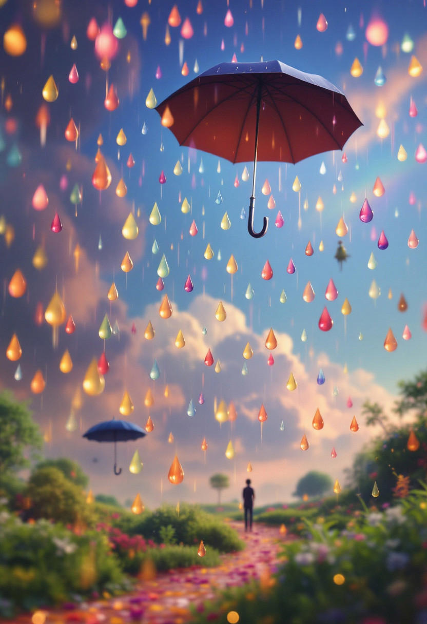 A highly detailed, cinematic scene inspired by the surrealist style of René Magritte, portraying a whimsical and uplifting rainstorm. Each raindrop appears vibrant, reflecting rich and deep colors against a bright, cheerful sky, lending an optimistic atmosphere to the composition. The background features a magical, dreamy landscape with expressive elements and a touch of the surreal—a floating umbrella or unexpected objects suspended in the rain, reminiscent of Magritte’s poetic charm. The color palette is saturated and radiant, with every detail crafted precisely for an aesthetically inspiring and immersive experience. The scene radiates a playful, pure, and almost ethereal quality, captivating with its vibrant tones and dreamlike coherence. Vivid surreal scene, whimsical rainstorm, bright sky, reflective raindrops, floating umbrella, magical elements, vibrant colors, playful atmosphere, expressive dreamscape, ethereal and cheerful. A meticulously crafted scene with cinematic flair, influenced by surrealism, showing a unique rainstorm where each drop shines with intense color, creating a lively contrast with a radiant sky. In the background, a fantasy-inspired world unfolds, complete with floating umbrellas and surreal objects dancing among the raindrops, celebrating the imaginative elegance often seen in Magritte’s work. The bold palette is rich and luminous, adding a sense of purity and playful charm.