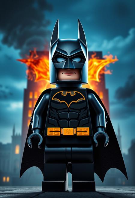 "Hyper-realistic parody movie poster in the style of the classic film dark knight batman, but with a adorable twist. lego batman is standing in front of building, the building is on fire with the bat symbol shape. Style: extremely detailed, hyper-realistic, and humorously adorable, with a focus on capturing the playful, lighthearted atmosphere of a parody poster."