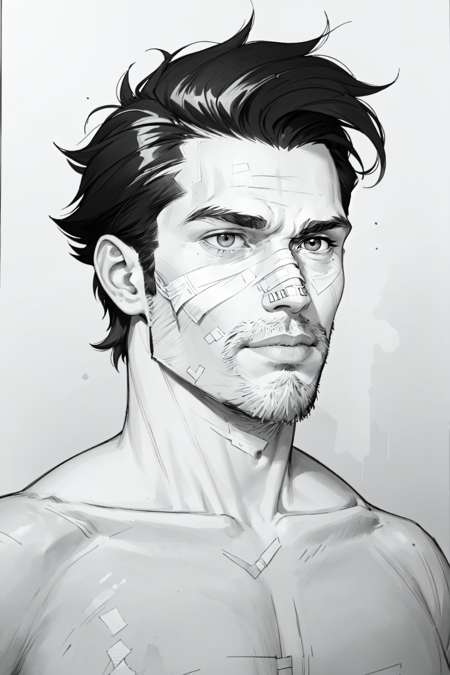 dskheroes, solo, short hair, 1boy, monochrome, greyscale, male focus, inked, pencil, hatched lines, messy art, facial hair, bandages, portrait, bandaid, stubble, bandaid on face, bandaged head , <lora:Heroes_Style:0.6>