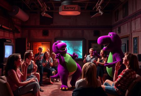 In a forgotten TV studio, a group of nostalgic fans gathers for a bizarre reunion of their favorite childhood show featuring Barney, the cuddly dinosaur. As they reminisce, the walls pulse with eerie energy, awakening a sinister presence linked to the beloved purple monstrosity. 
As they dance around in a do-si-do, the atmosphere shifts—the cheerful verses become chilling, and Barney begins to wave his arms frantically. The laughter fades as the creature's charm takes hold, binding the fans to their memories, trapping them in a cycle of joy and terror. Suddenly, Barney brushes against a flickering candle, igniting the costume in a blaze of crimson flames.
Instead of panic, the group erupts in laughter, a twisted delight filling the studio as they cheer for the spectacle. “Oh boy, Barney's on fire!” they chant, embracing the chaos, their humanity slipping away. But as the flames consume their beloved dino, the twisted truth unfolds: they are not merely fans, but ancient devotees, sacrificing their past for the beast's eternal reign, lost in a hellish performance from which there is no escape.