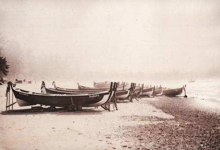 lith_argenta_BH1r,  instagram photo, a foggy beach with some fisherboats, hard shadows, film grain