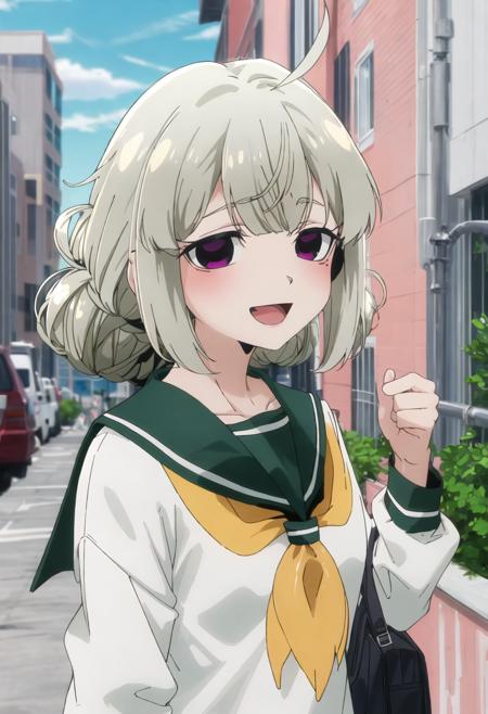 best quality, masterpiece, highres, solo, {kiwi_araga_mahoushoujoniakogarete:0.90}, 1girl, blush, day, looking_at_viewer, outdoors, serafuku, cloud, green_sailor_collar, open_mouth, white_shirt, :d, blue_sky, blurry_background, double_bun, neckerchief, closed_mouth, long_sleeves, portrait