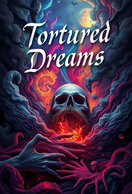 A vivid digital art piece depicting the dreams of a schizophrenic, written above the main focus of the image in fancy script lettering are the words "Tortured Dreams"