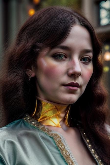 A humanoid AI represented in Art Nouveau style, with intricate, flowing lines and decorative patterns. She has a serene expression, her hair a cascade of metallic threads intertwined with floral motifs. Her body is partly robotic, with gold and pearl accents, seamlessly blending with organic forms. The background is a stained-glass-style design, featuring celestial and floral imagery. Art style: detailed, ornamental, and vintage-inspired."