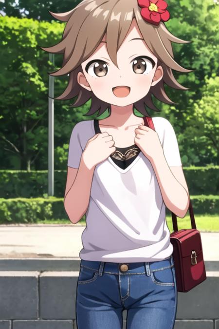 masterpiece, best quality, <lora:kunoichi_kagetsu:0.7>  1girl, solo, brown eyes,  brown hair, short hair,  hair ornament, hair flower, smile, black shirt, jeans, open mouth, handbag, looking at viewer, flat chest,