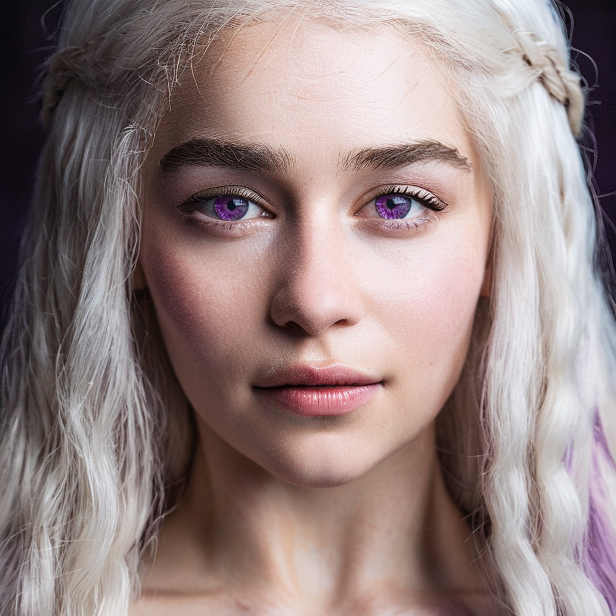 Skin texture, Closeup portrait face photo of a young woman with violet eyes dressed as a targaryen from game of thrones,pl...