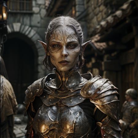 highly detailed photo of a female (githyanki:1.1) in a medieval village,

((1girl)), looking at viewer, upper body, pointy ears, armor, scar, shoulder armor, pauldrons, breastplate

angry,

standing on a medieval street,

photorealistic,
silhouette lighting,
cinematic, militaristic,







