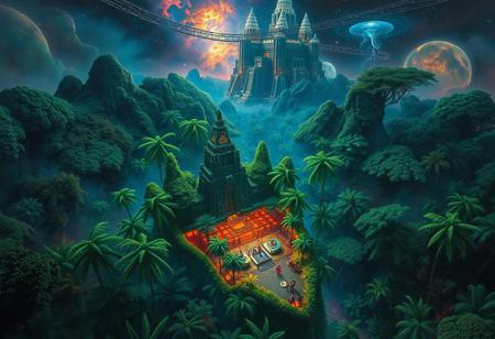 A nightclub in the middle of the jungle, view from above, in the style of an oil painting, scifi, cosmic, astral, ziggurat