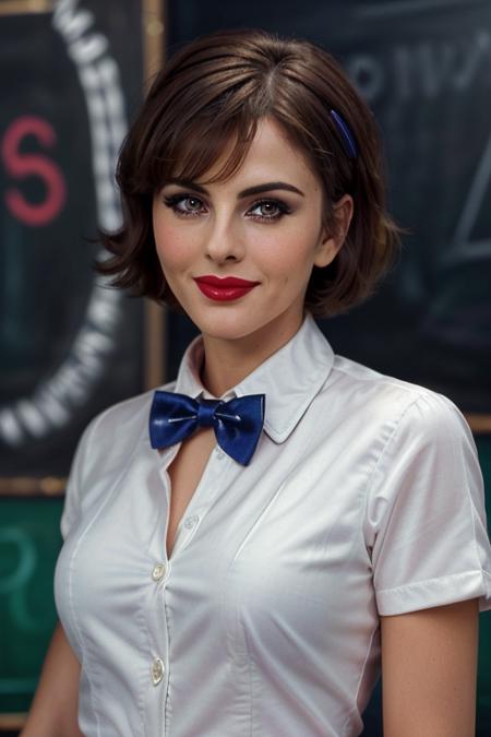 photo of a woman, <lora:lizhurley-08:0.5>, lizhurley, ((shirt, bowtie, short hair):1.1), ((closeup, portrait)),((classroom, chalkboard)), ((red lipstick, makeup)), (smile), ((best quality, masterpiece, extreme details, high resolution):1.2),((detailed eyes, beautiful eyes, detailed face, beautiful face):1.2)