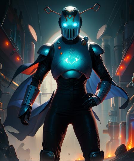 isabel,M,red side antennae,science fiction,glowing eyes,
black jumpsuit,armor,helmet,gauntlets,shiny,clenched hands,
standing,hips,dark cape,
dynamic angle,spotlight,laboratory,
(insanely detailed, masterpiece, best quality),<lora:MechanistIsabelcruz:0.8>,