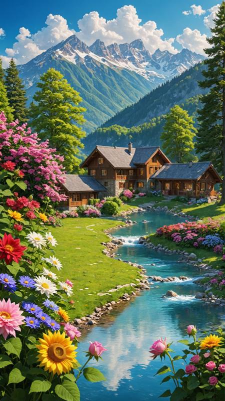 YSBYQT,highres,incredibly absurdres,wallpaper,colorful,(chalet:1.4),Outdoor,(qinxuan flower:1.2),blue sky,trees,White clouds,water surfaces,green theme,mountains and flowing water in the distance,rivers,colorful flowers,red roses,lilies,pink roses,roses,sunflowers,natural scenery,small chrysanthemums,purple roses,sunflowers,rivers,masterpiece,HD quality,