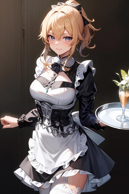 masterpiece, best quality, <lora:jean:1>,1girl, solo, thighhighs, breasts, maid, maid headdress, apron, blonde hair, white thighhighs, dress, ponytail, long hair, blush, alternate costume, enmaided, frills, black dress, looking at viewer, long sleeves, puffy sleeves, simple background, bangs, holding, bow, cleavage, white apron, maid apron, arms behind back, juliet sleeves, zettai ryouiki, standing, closed mouth, medium breasts, hair between eyes, frilled dress, sidelocks, tray, jewelry, frilled apron, grey background, holding tray, blue eyes, black bow, bowtie, smile, earrings, feet out of frame, grey eyes, clothing cutout, cleavage cutout, waist apron, black bowtie, high ponytail, corset, white background, cross <lora:style01:0>