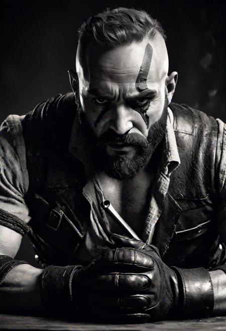 highly detailed and hyper realistic b&w photo of kratos (god of war) , ,cool James dean pose, sad, depressed, black background, (smoking cigarette),(leather gloves on table),  cigarette in side of mouth,tumbler of whiskey on table shadow falling on eyes, wearing a stylish shirt, b&w , ,    lighting: dramatic , l(lighting: high key) shot on Polaroid film, cinematic still frame, film grain, shallow depth of field, creepy, crouched, faded colors, vintage, motion blur, , deep shadows, highly detailed and hyper realistic