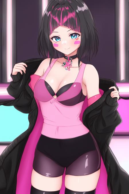 high quality, best quality, high detail, very detailed, official art, 1girl, vdiva-2, standing, solo, black jacket, very long coat, off shoulder, see-through, pink top, black bike shorts, black bra, blush stickers, black hair, <lora:Azki-v2:1>, thighhighs, neon lights, disco, indoors, pastel colors,