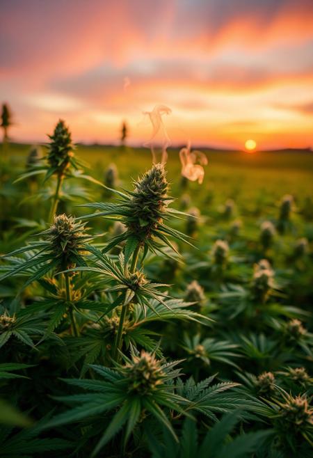 vibrant cannabis field, (lush green leaves:1.4), (sunset glow:1.2) casting warm light over the plants, (detailed textures:1.5), smoke swirling softly in the air, (cannabis buds:1.3) glistening with trichomes, peaceful and serene atmosphere, (natural light:1.4), wide field stretching into the distance, (colorful sky:1.2) with shades of pink and orange, (high-definition:1.6), (ultra-realistic textures:1.5), close-up details of cannabis plants, (soft focus in the background:1.2), modern, laid-back aesthetic, perfect for a cannabis culture feature, chill and relaxed vibe, (overexposed:-1.4), (unnatural colors:-1.5), (blurry:-1.6), (low-resolution:-1.7), (harsh lighting:-1.5), (distorted textures:-1.6)
