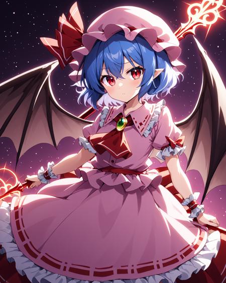 remilia scarlet,1girl, solo, bat_wings, spear_the_gungnir, magic_circle, wrist_cuffs, ascot, hat_ribbon, brooch, looking_at_viewer, mob_cap, pink_dress, frills
<lora:remilia_scarlet_image7486_2023-12-11:1>,star-shaped_pupils,symbol-shaped_pupils,. gorgeous,key visual, vibrant, studio anime,award-winning, professional, highly detailed,high budget, cinemascope