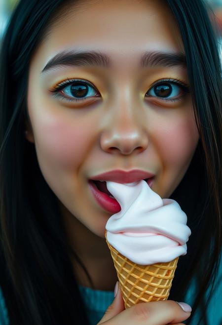 score_9, score_8_up,1 woman, cute, solo, 18 years old,     black hair, brown eyes,      ice cream cone,   mouth open, pleasure,  full lips, , focus on mouth, relaxed, total pleasure from eating an ice cream cone,
, very detailed, detailed eyes,  high detailed texture, realistic, photorealistic, perfect eyes, real life realistic, ExpressiveH, Cinematic Film,