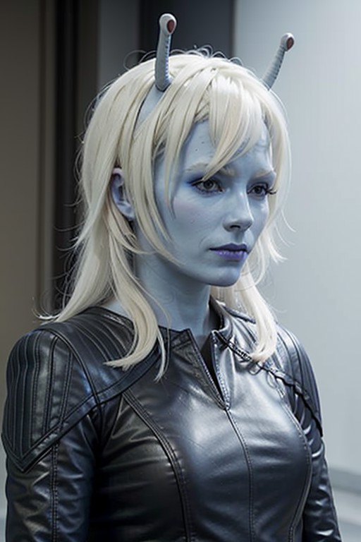 andorian woman, blue skin, white hair, antennae, leather armor,  <lora:race_st_andorian:0.7>