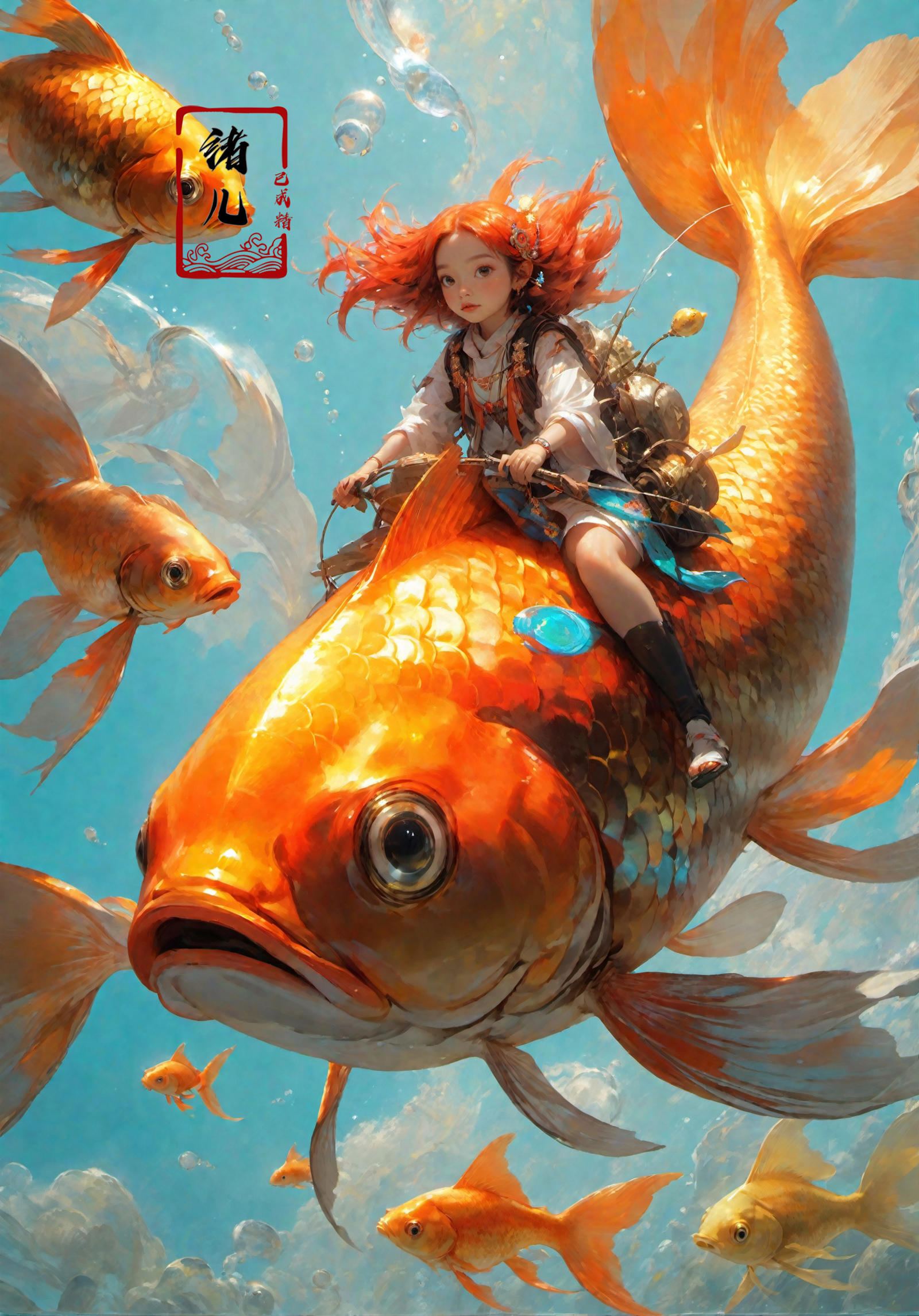 A girl riding on top of a goldfish in a painting.