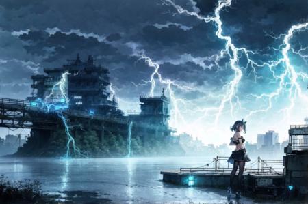 1girl, cleavage, full body, bridge, building, bush, castle, city, city lights, cityscape, cloud, cloudy sky, dark, electricity, fantasy, fence, forest, glowing, lightning, nature, night, night sky, no humans, outdoors, scenery, sky, skyscraper, star \(sky\), starry sky, storm, tower, tree <lora:tokyogensov1:0.6>