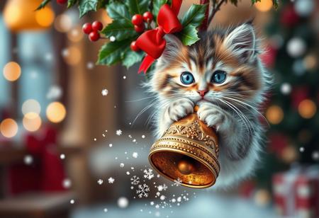 A whimsical winter wonderland scene captures a fluffy kitten's playful essence as it mid-bat at a hanging Christmas bell adorned with lush holly and crimson ribbon. The kitten's bright blue eyes sparkle with mischief, surrounded by soft, feathery whiskers and ultra-realistic fur. A sprinkle of tiny snowflakes dances around the bell, suspended in mid-air amidst warm, cozy indoor ambiance, illuminated by soft bokeh lights.