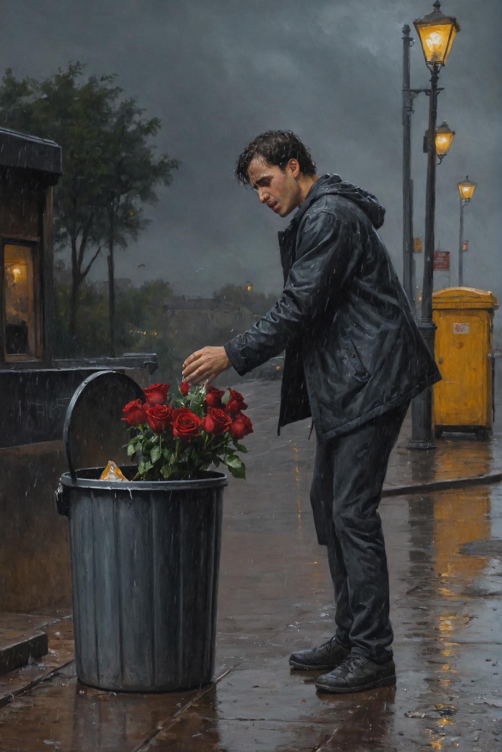 A man in a black jacket taking flowers out of a trash can.
