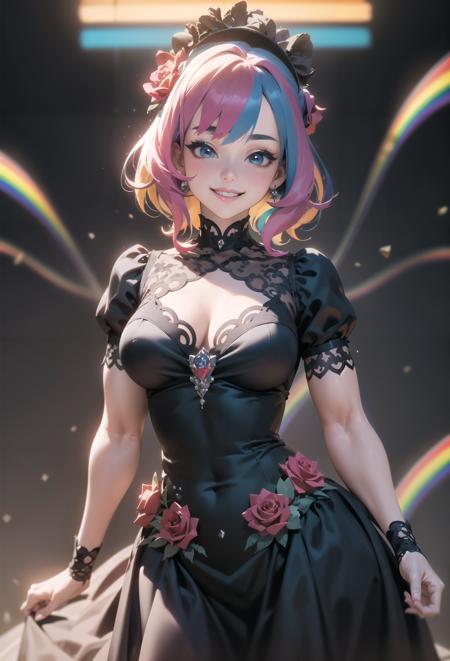 1girl, (rainbow  multicolored diamond hair), intricate black red rose gown with patterns, chubby, muscles, 3d realistic 4k ultra detailed, happy,smiling, victorian