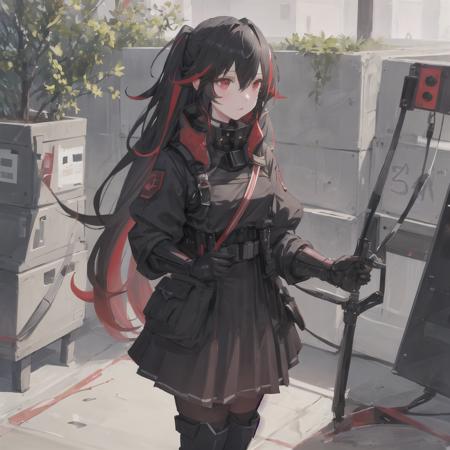 <lora:Lucia-3:0.5>, 1girl, masterpiece, highest quality, best quality, , highly detailed, best illustration, glowing hair, ray tracing, semi realistic, Lucia, black hair, casual clothes, black dress, sleeveles dress, red eyes, multicolored hair,