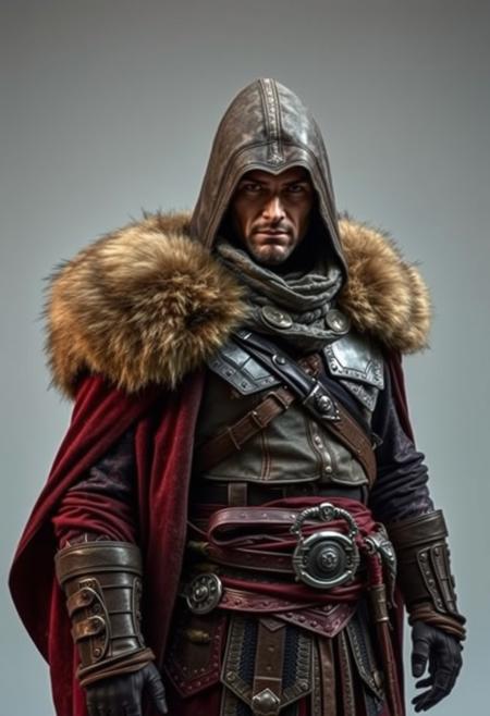 Assassin's Creed Character, mongolian costume, leather armour, fur cape,  masterful studio photography