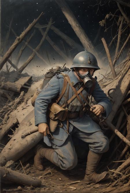 Painting of a WW1 French soldier with a gas mask (running on the battlefield), craters, corpses, explosions, French flag, artillery, explosions, smoke, dirt, dark skies, Frostbite,Barbed wire, Dank, Stench of decay,Acrid taste,Screams, Discordant, Numbness,Disillusionment,Trauma, Wilted flowers, Chiaroscuro, Radial balance, Triadic, in the style of (Hieronymus Bosch:1.1), dark, ultra detailed, intricate, surrealism, oil on canvas, dry brush<lora:ww1_french_soldier_v0.2:0.65>