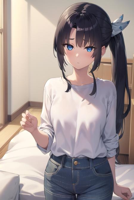 ushiwakamaru, <lora:ushiwakamarupinta-lora-nochekaiser:1>,
ushiwakamaru pinta, black hair, blue eyes, long hair, side ponytail, sidelocks, parted bangs,
BREAK shirt, green shirt, shorts,
BREAK indoors, bed,
BREAK looking at viewer, (cowboy shot:1.5),
BREAK <lyco:GoodHands-beta2:1>, (masterpiece:1.2), best quality, high resolution, unity 8k wallpaper, (illustration:0.8), (beautiful detailed eyes:1.6), extremely detailed face, perfect lighting, extremely detailed CG, (perfect hands, perfect anatomy),