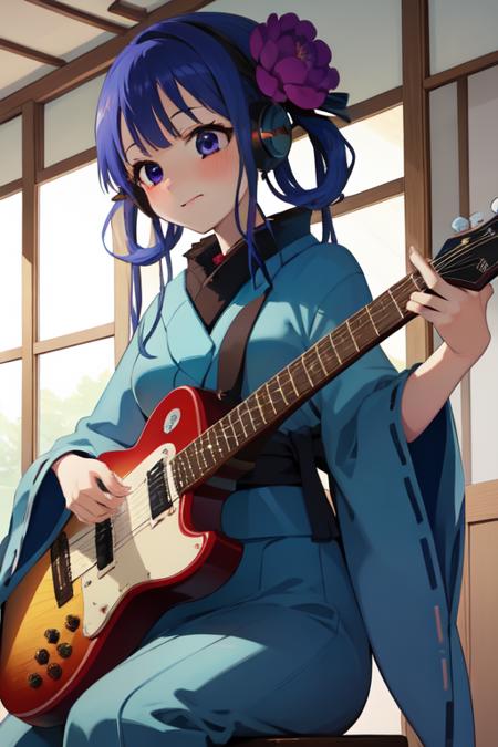 (masterpiece, best quality:1.2), 
<lora:Aoi_Akane-07:0.9>, aoi akane, 1girl, solo, smile, hair ornament, hair flower, japanese clothes, ((blue kimono)), long sleeves, obi, blush, playing guitar, headphones, electric guitar