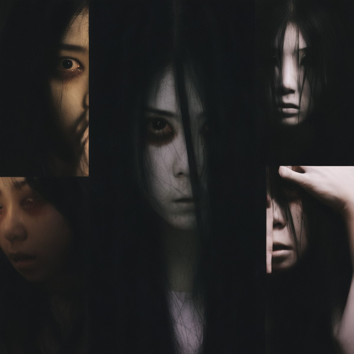 cinematic film still of  <lora:Kayako Saeki Sadako Yamamura:1>
a collage photos of a woman with long hair in 6 six differe...