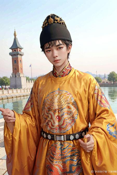 1boy, hat, yellow dragon_gown, masterpiece, best quality, photorealistic,  <lora:dragon_gown_v1:0.75>, Forbidden City background