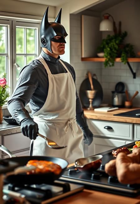 ultra realistic, authentic, batman in white apron, doing the cooking, frying a steak, pan and fork in hand, beautiful summer kitchen, mondain, busy, looking away, relaxing photo, calming atmosphere