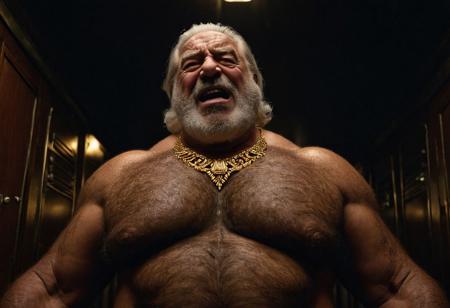(photo, realistic, raw), (nighttime, at night, dark, dark hard shadows, cinematic atmosphere, movie grain, hazey atmosphere), closeup from below, (etherial, spiritual, emperor, king, god), old burly buff gentleman, old manly mature man, combed back hair,  doublechin, old hairy tanned grandpa, wrinkly neck, hairy chest, proud big hairy chest, thick neck, hairy armpits, tanned skin, tight golden spandex, gold jewellery, gold necklace, in a dark locker room at night, nighttime, arrogant disgusted disappointed smile, intimite situation, romantic atmosphere, stern, serious, angry, sad expression,