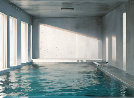 a dark room with a ladder and a door,pool,water,penguin,dirt,steam,moisture,mud,  <lora:Poolrooms-10:1>