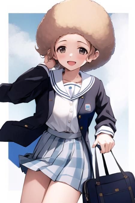 <lora:afro_model_v10:0.6>, <lora:sakuragi mano:1>, (light brown afro hair:1.5),
sakuragi mano, 1girl, skirt, solo, looking at viewer, smile, plaid, brown eyes, plaid skirt, jacket, school uniform, open mouth, pleated skirt, sailor collar, blue skirt, shirt, brown jacket, :d